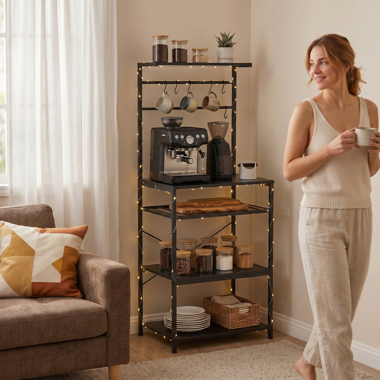 HOMCOM Freestanding Shelving Unit With Wine Rack And Six Hooks For Living Room Five Tier X Frame Design Black
