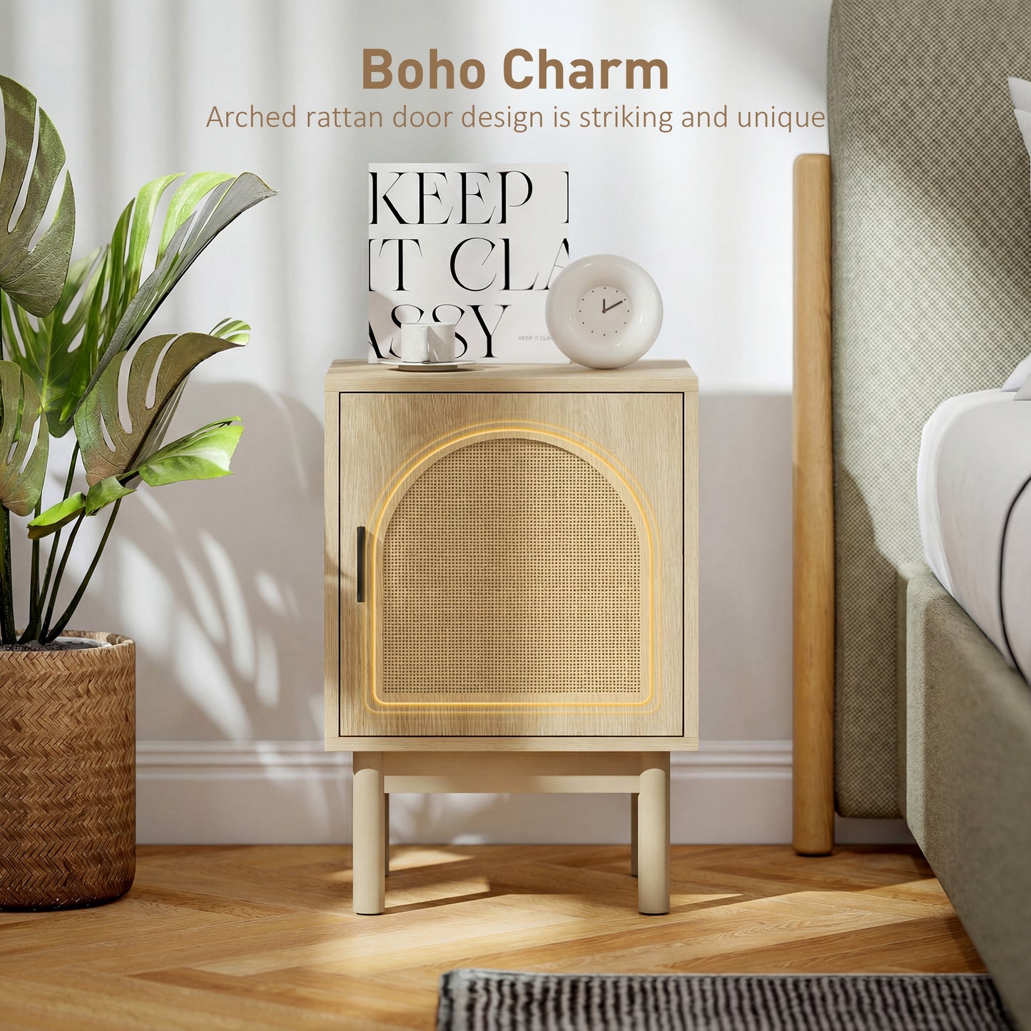 HOMCOM Rattan Bedside Table For Bedroom Natural Wood Arch Rattan Door Two Tier Design With Adjustable Shelving