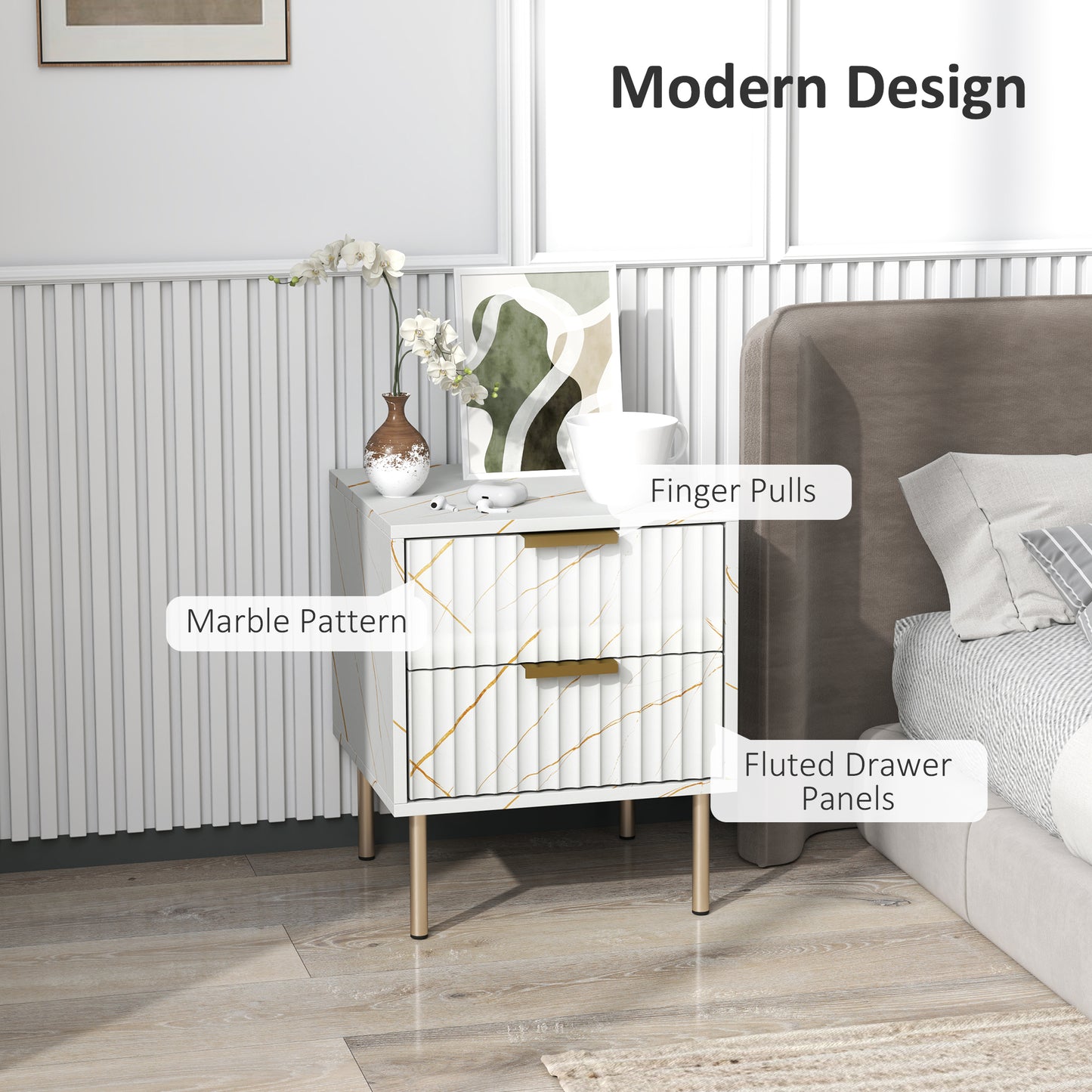HOMCOM Marble Pattern Two Drawer Bedside Table in White With Fluted Drawers and Gold Accents