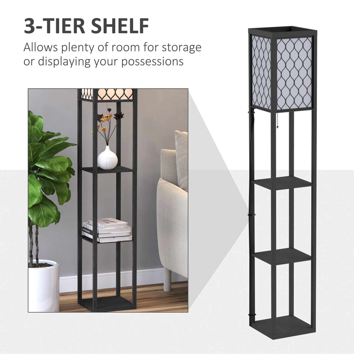HOMCOM Set of 2 Three Shelf Tall Standing Lamps with Built in Storage Shelves in Black