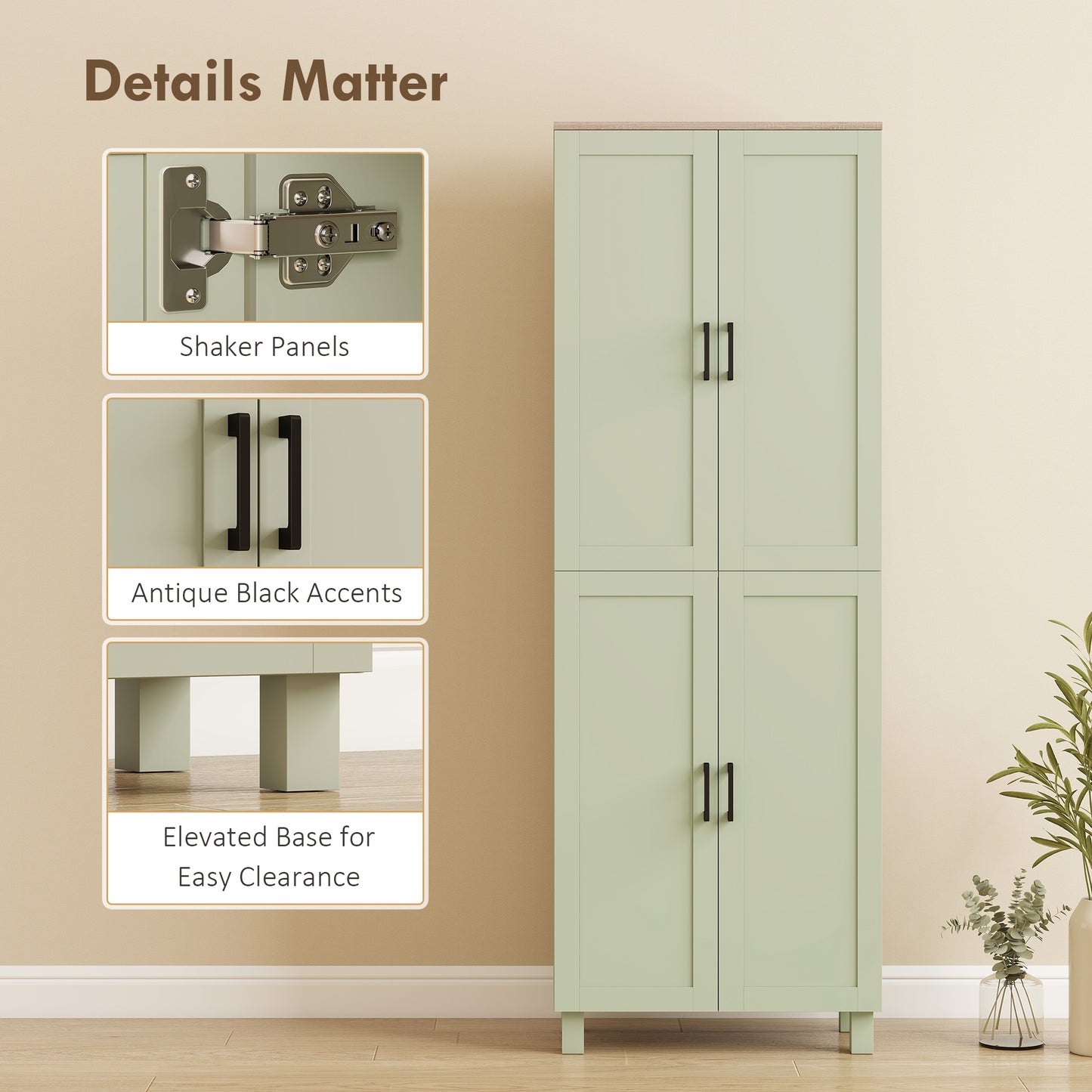 HOMCOM Freestanding Kitchen Pantry Cabinet Four Door Storage With Adjustable Shelves 170cm Tall Green