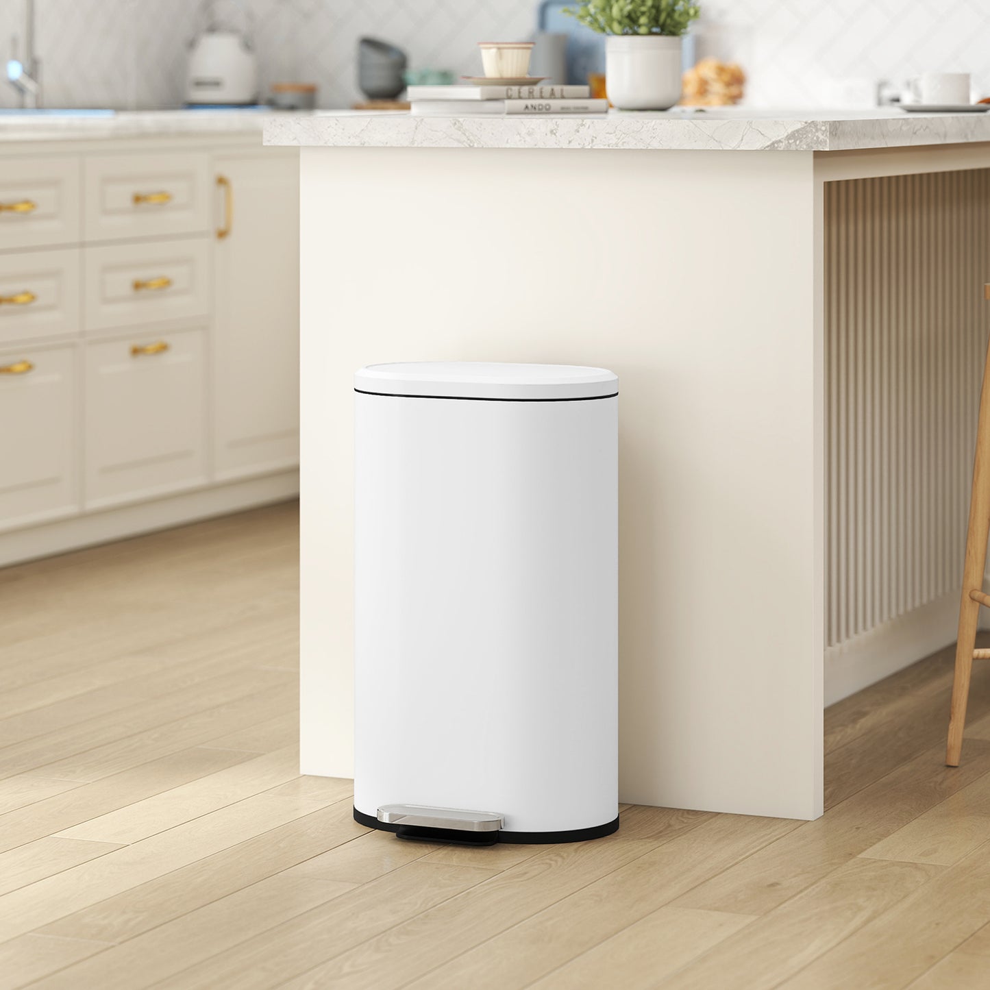 HOMCOM 30 L Pedal Kitchen Bin Modern Curved White With Soft Close Lid Fingerprint Resistant Metal For Quiet Operation