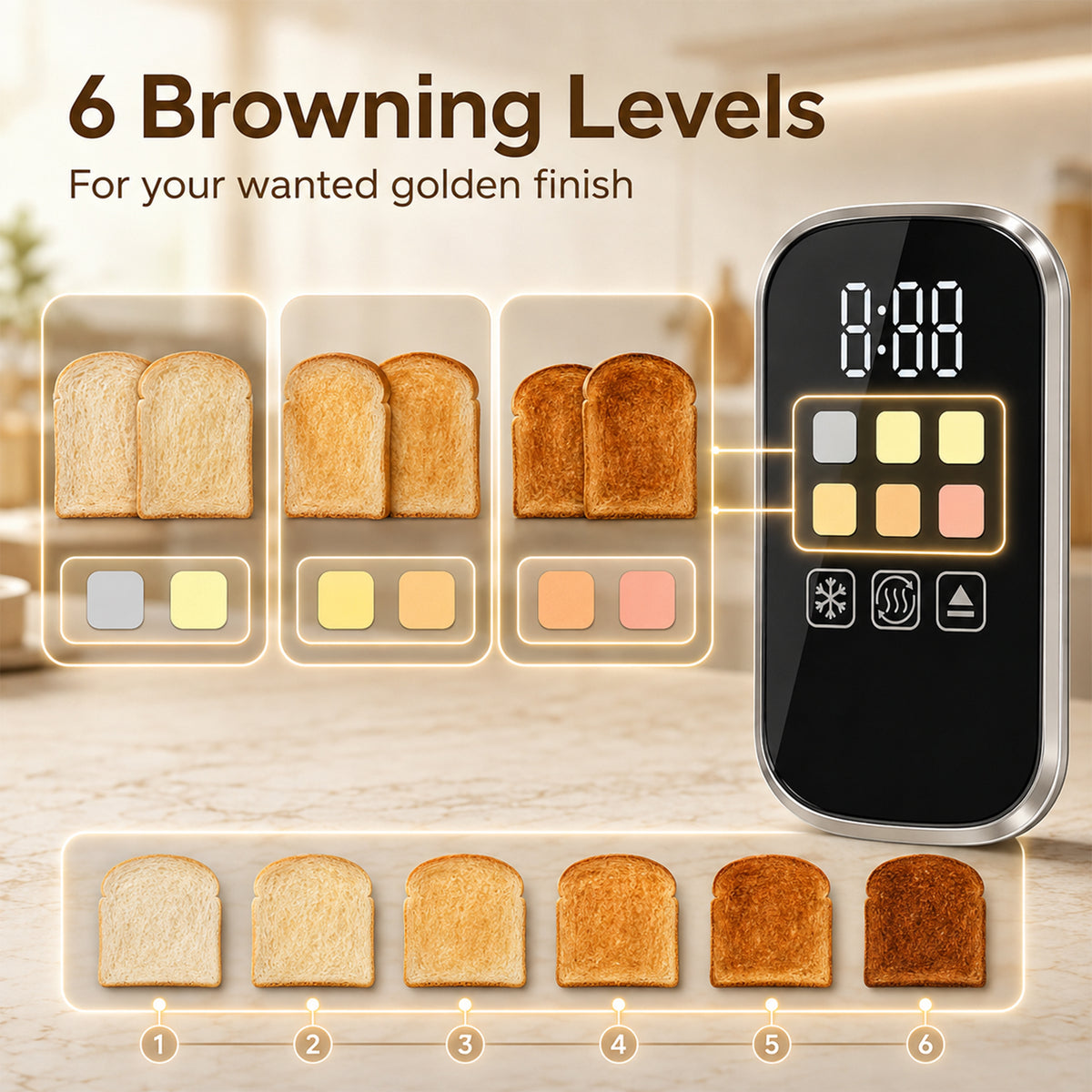2-slice toaster showing 6 browning levels on LED touch display
