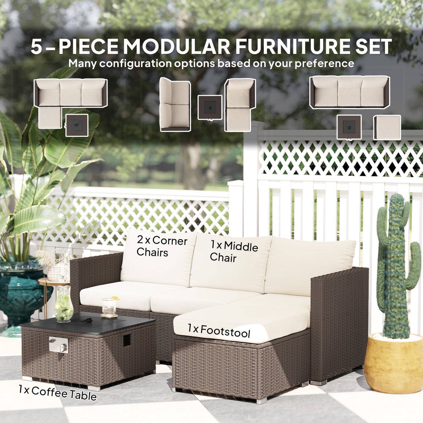 Outsunny Five Piece Rattan Garden Furniture Set With Gas Fire Pit Table And Footstool Brown And Cream White