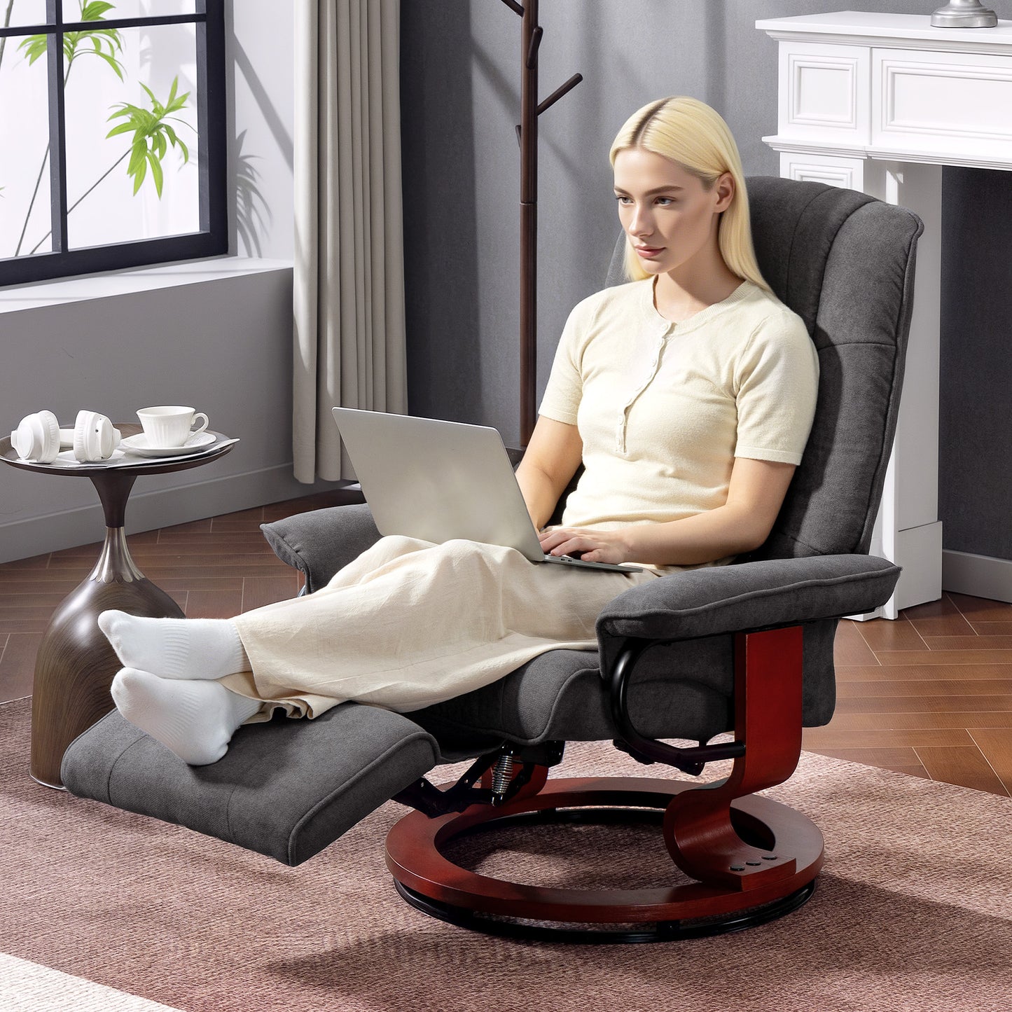 HOMCOM Reclining Swivel Chair With Manual Footrest In Grey Upholstered Armchair For Living Room And Home Office Comfort