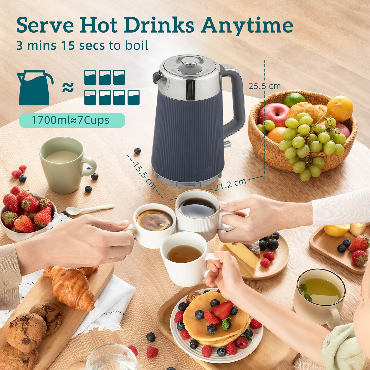 Homcom Electric Kettle and 4 Slice Toaster Set 3000W 1.7L UK Strix Thermostat Limescale Filter Cool Touch Grey