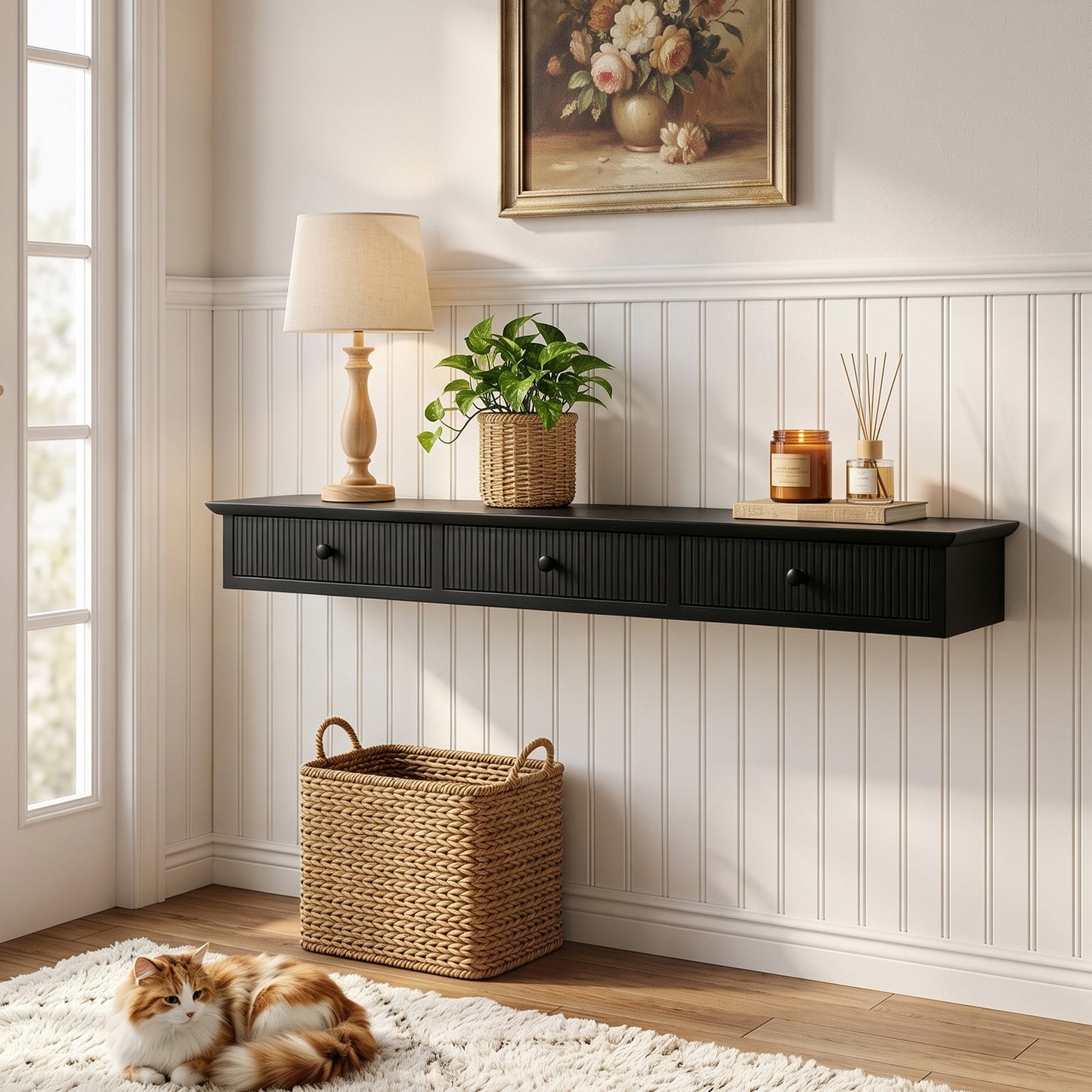 HOMCOM Black Wall Mount Storage Shelf Unit With Drawers For Entryway