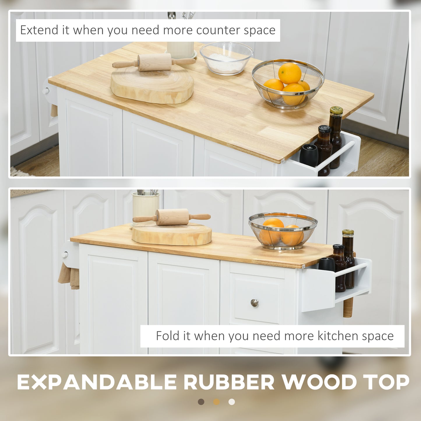 HOMCOM Kitchen Island On Wheels With Drop Leaf 3 Drawers Spice Rack And Towel Rack Rubber Wood Top Trolley White