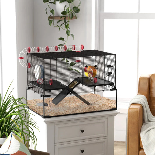 PawHut Gerbil Cage with Deep Glass Bottom, Tunnels, Ramps, Hut, and Exercise Wheel - Ideal Dwarf Hamster Habitat, 78.5 x 48.5 x 57cm