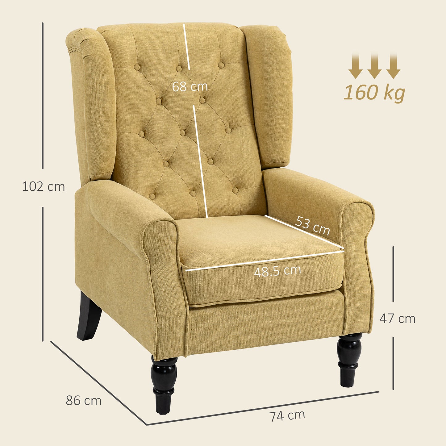 HOMCOM Wingback Accent Chair Retro Upholstered Button Tufted Occasional Chair For Living Room And Bedroom Yellow