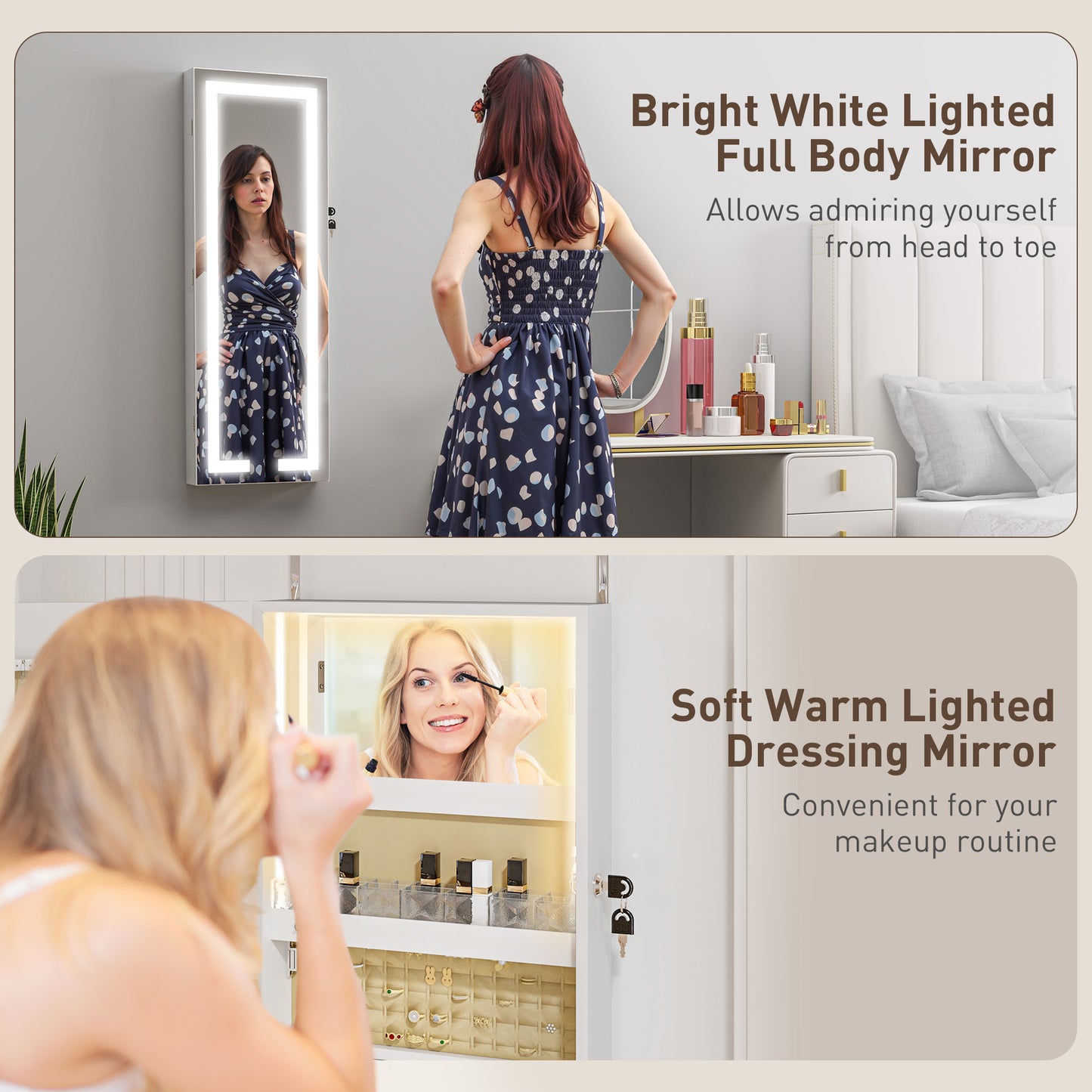HOMCOM LED Mirror Jewellery Cabinet Wall Mounted Full Length Mirror With Storage Lockable Jewellery Organiser White