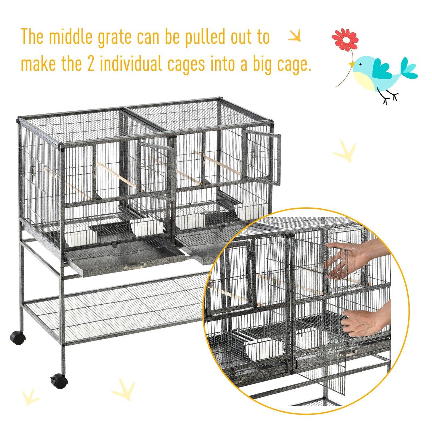 PawHut Double Rolling Metal Bird Cage with Storage Shelf and Food Container - ALL4U RETAILER LTD