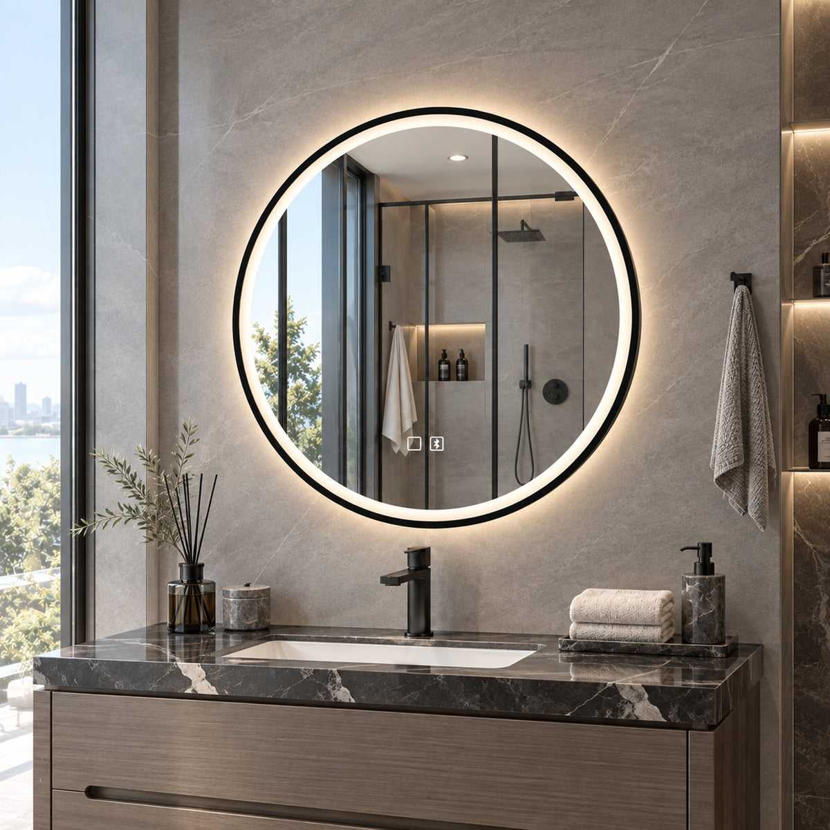 Round LED bathroom mirror reflecting shower area, black edge with bright light ring