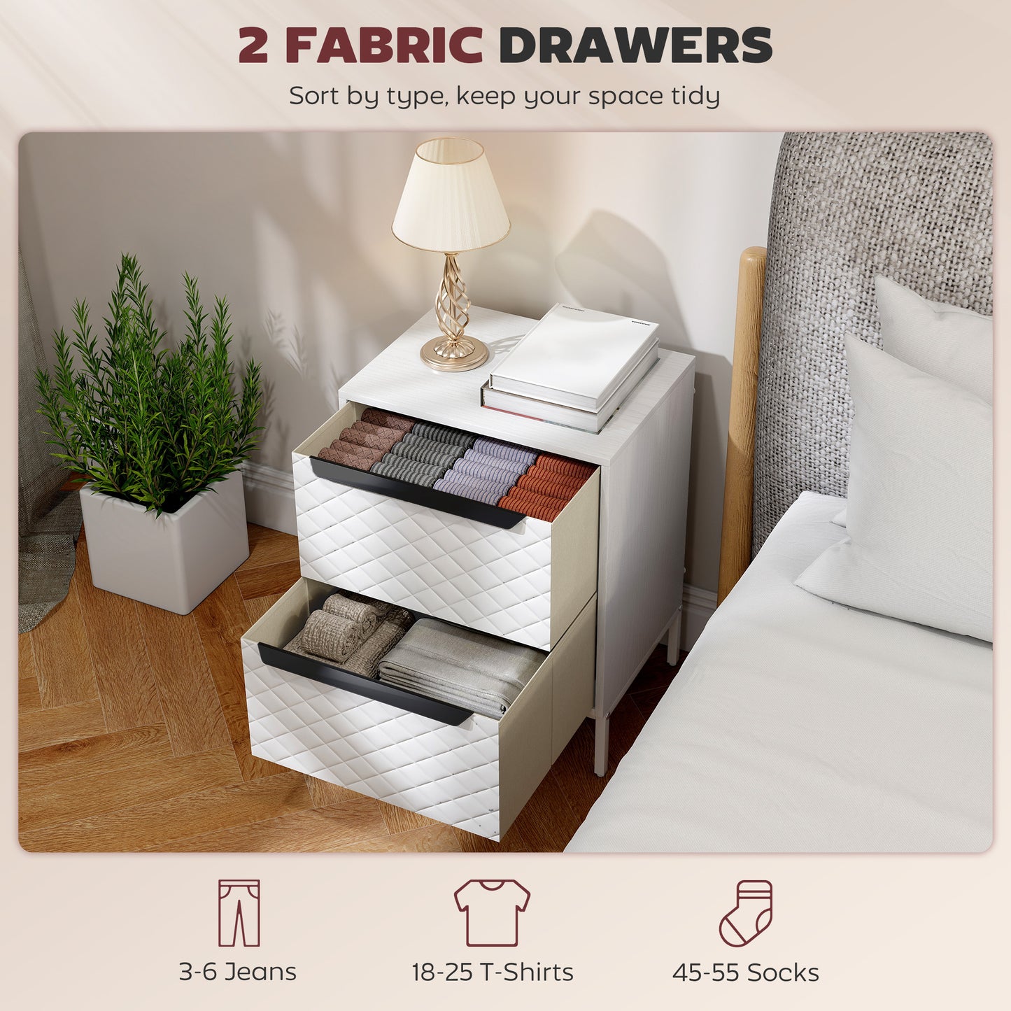 HOMCOM White Chest Of Drawers With Two Fabric Drawers And Aluminium Handles MDF Frame