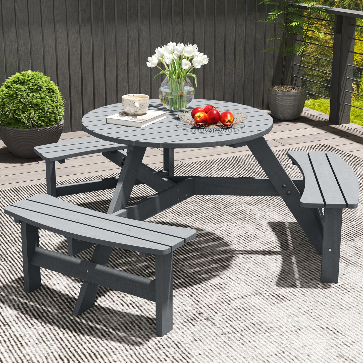 Outsunny Wooden Garden Dining Set 6 Seater Round Table With Matching Bench Parasol Hole Grey Outdoor Patio