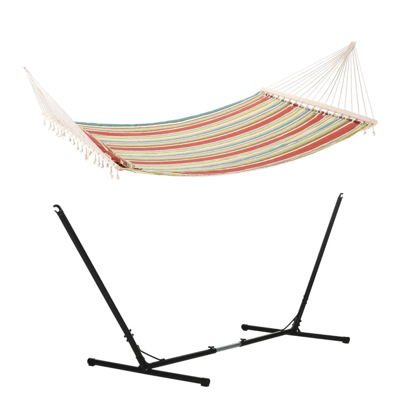 Outsunny Double Cotton Hammock with Adjustable Steel Stand and Pillow, Red Stripes - Ideal for Garden, Patio, Beach - ALL4U RETAILER LTD