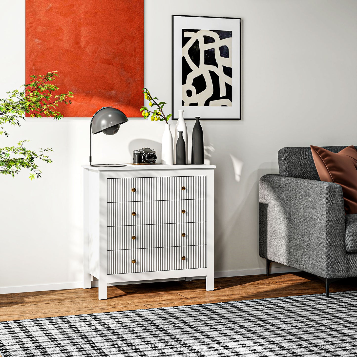 HOMCOM White Five Drawer Chest With Textured Fronts And Gold Tone Knobs For Elegant Bedroom Storage