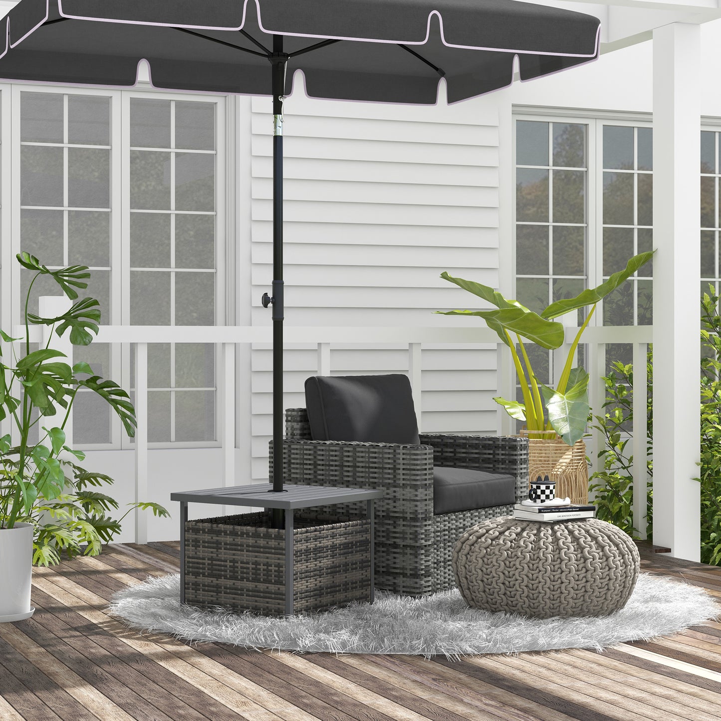 Outsunny Outdoor Rattan Wicker Coffee Table With Umbrella Hole And Under Table Storage For Garden Patio