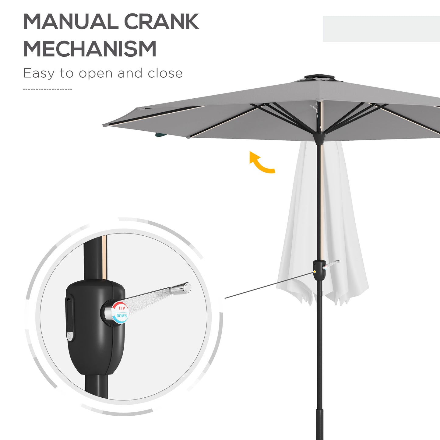 Outsunny Light Grey Solar-Powered LED Patio Umbrella with Crank Handle - ALL4U RETAILER LTD