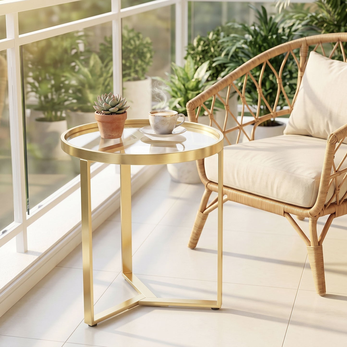 HOMCOM Round Glass Side Table With Tempered Glass Top And Geometric Metal Frame For Small Space Gold Tone