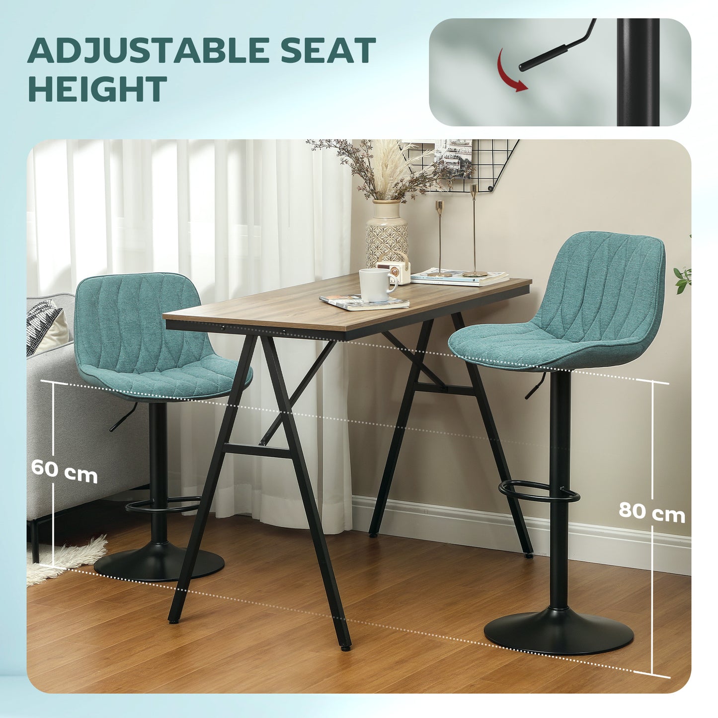 HOMCOM Set Of Two Linen Look Bar Stools Blue With Adjustable Height 60 To 80 Cm 360 Degree Swivel Padded Seats