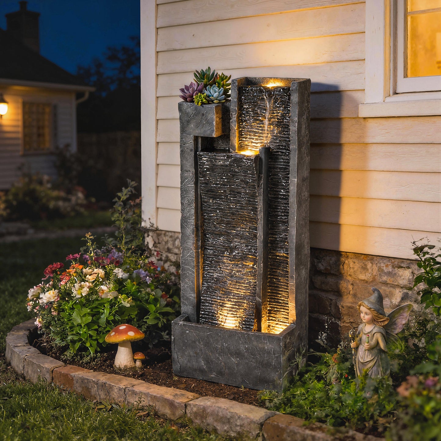 Outsunny LED Water Feature With Planter 3 Tier Garden Fountain Pump Resin Dark Grey