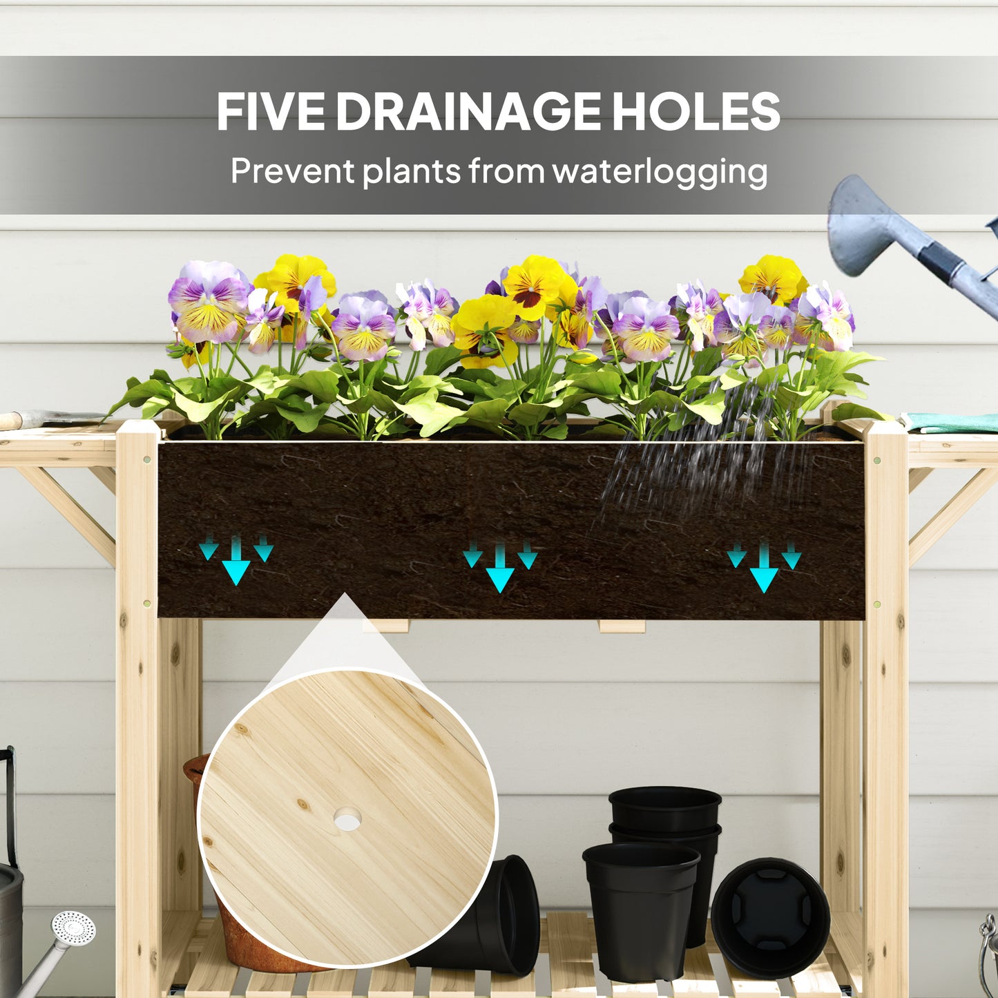 Outsunny 46 x 94cm Wooden Raised Planter With Shelves Natural Finish For Garden Patio Balcony Outdoor Use