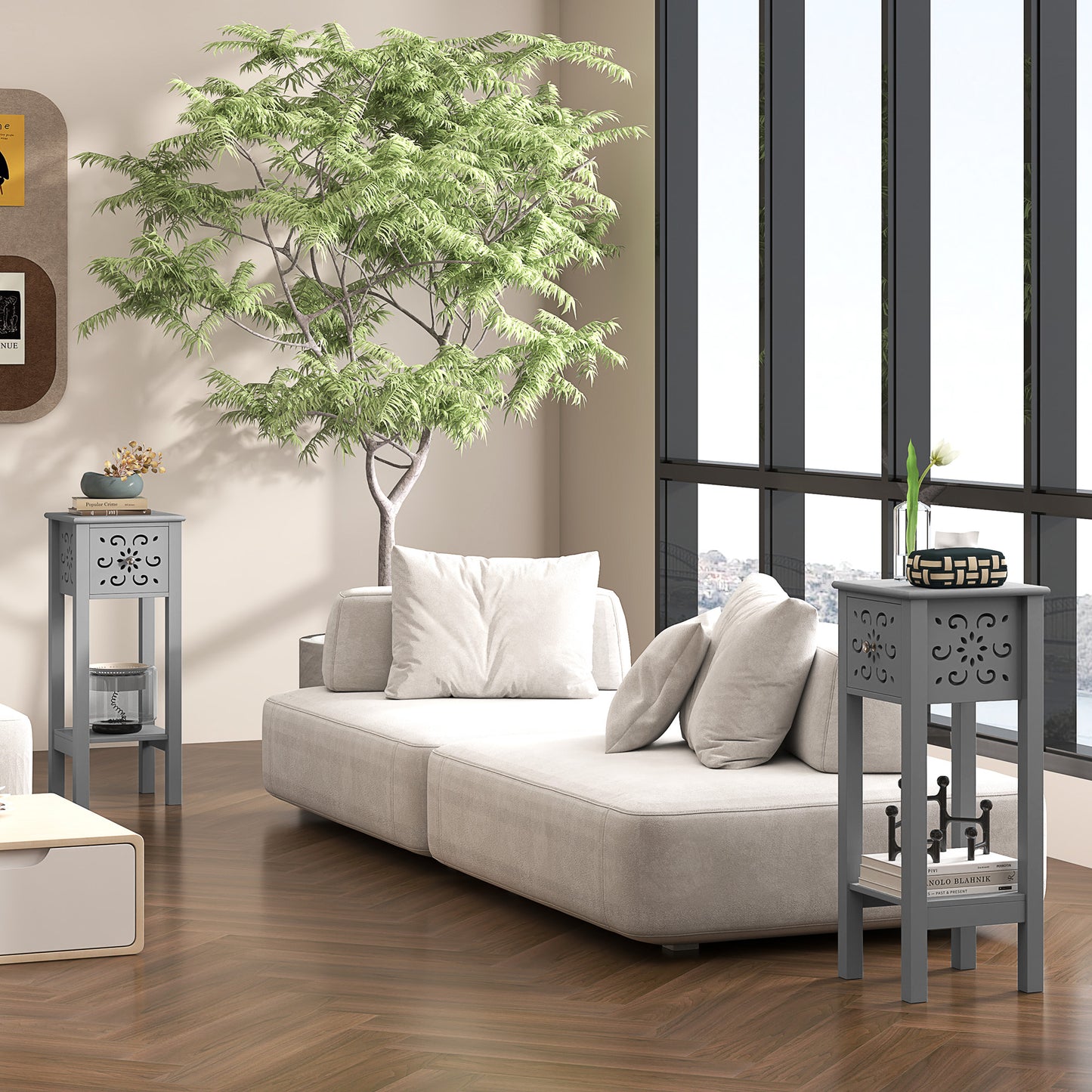 Homcom Set Of Two Elegant Floral Cutout Grey Side Tables With Drawers And Shelves For Living Room