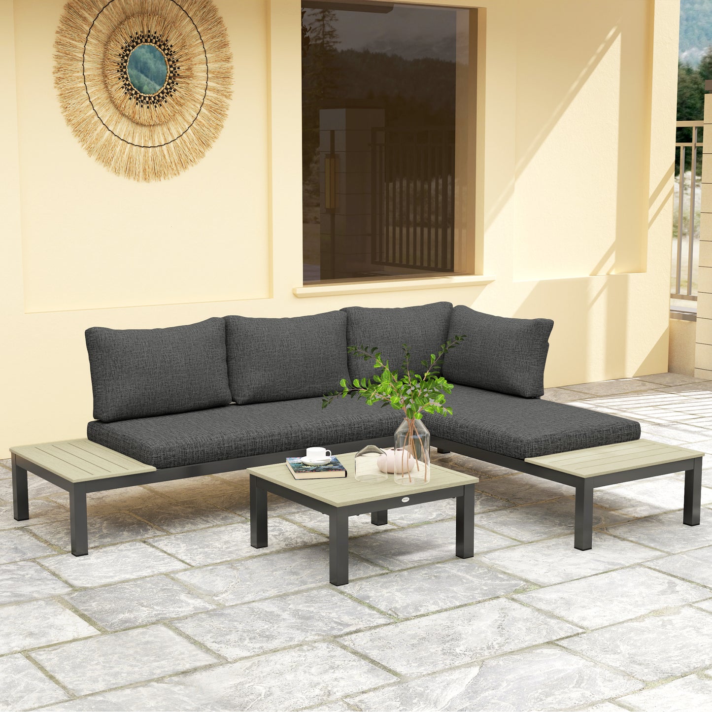 Outsunny 3 Piece Aluminium Outdoor Garden Furniture Set 4 Seater Corner Sofa With 2 Loveseats And Coffee Table