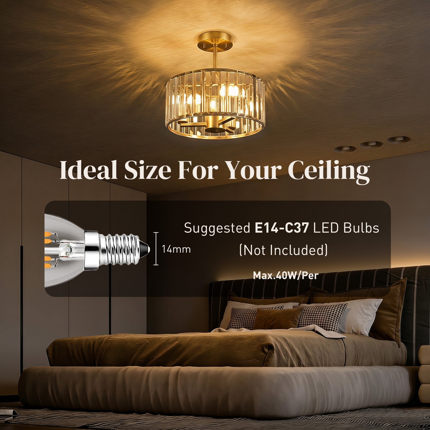 HOMCOM Semi Flush Mount Modern Crystal Chandelier Ceiling Light With E14 Base Gold Finish