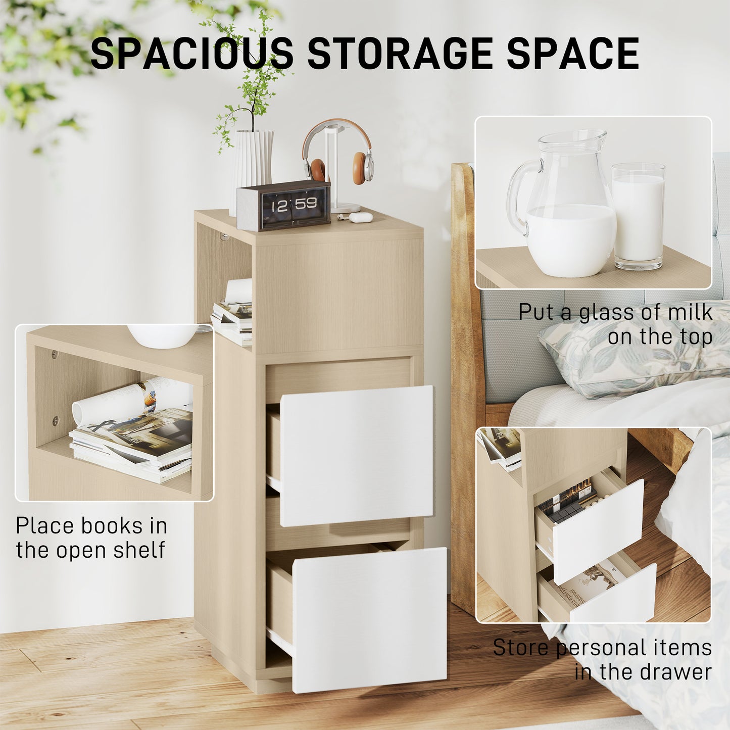 HOMCOM Slim Bedside Table Narrow Cabinet With Open Shelf And Two Drawers Natural Wood Finish For Bedroom And Living Room