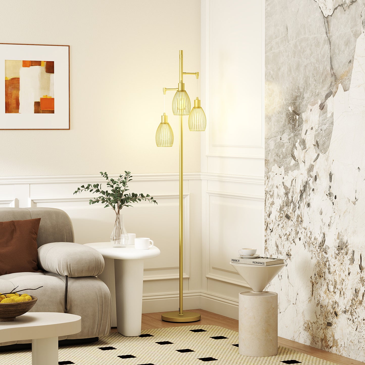 HOMCOM Three Light Floor Lamp 170cm Living Room Dimmable Standing Lamp With Steel Wire Cage Lampshades Gold Tone