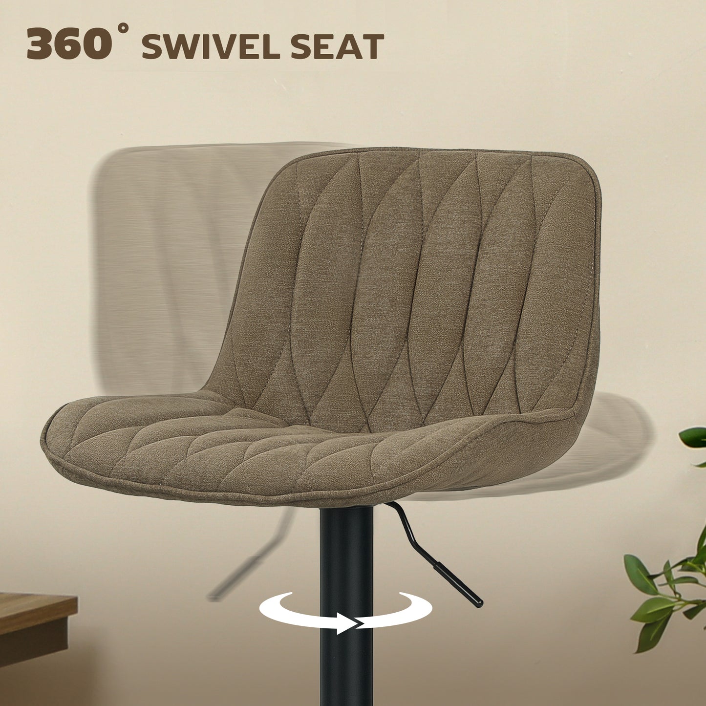 HOMCOM Set of Two Linen-Look Bar Stools Brown With Padded Seats And Adjustable Height 60-80 cm 360 Degree Swivel