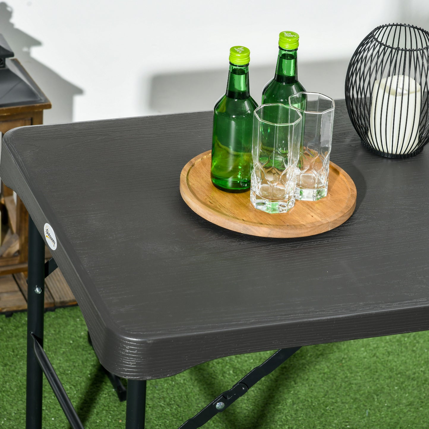 Outsunny Folding Picnic Table with 2 Benches 3 Piece Outdoor Dining Set for 4 Plastic Top Steel Frame Dark Grey