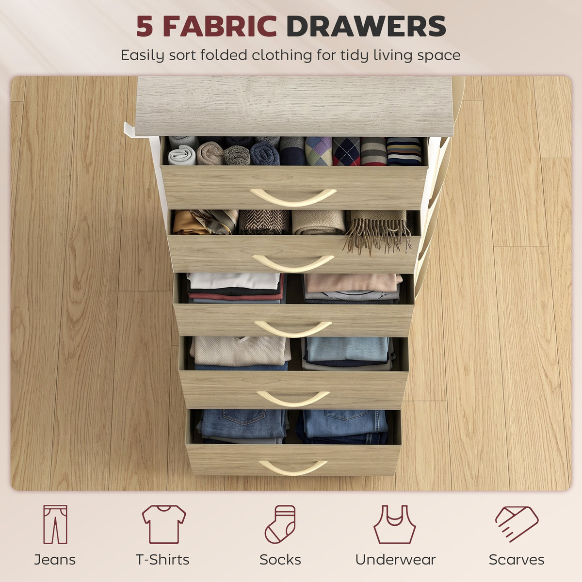 Homcom Chest of Drawers with 5 Fabric Drawers Steel Frame Storage Unit