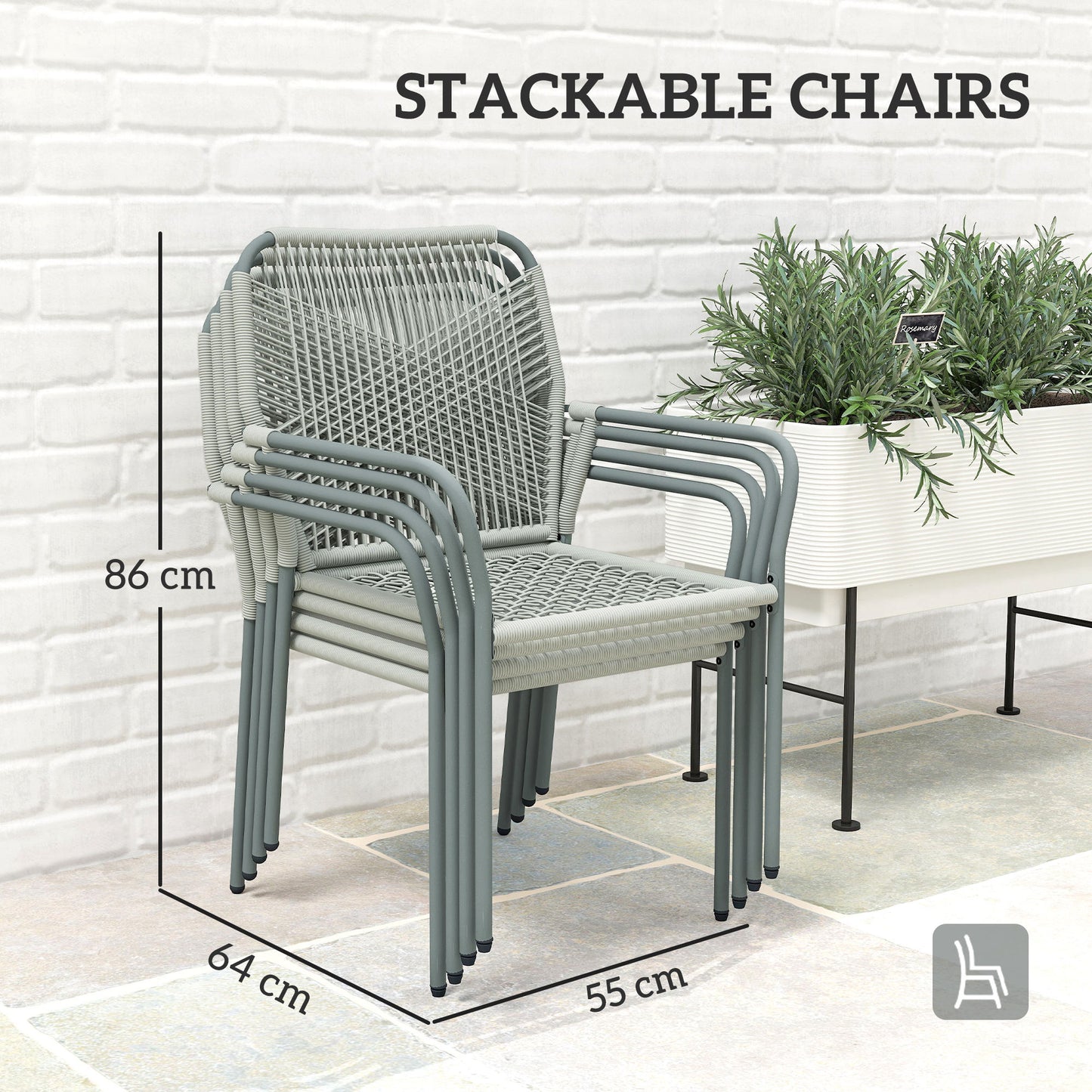 Outsunny Five Piece PE Rattan Outdoor Garden Dining Set with Cushions and Stackable Chairs Light Grey