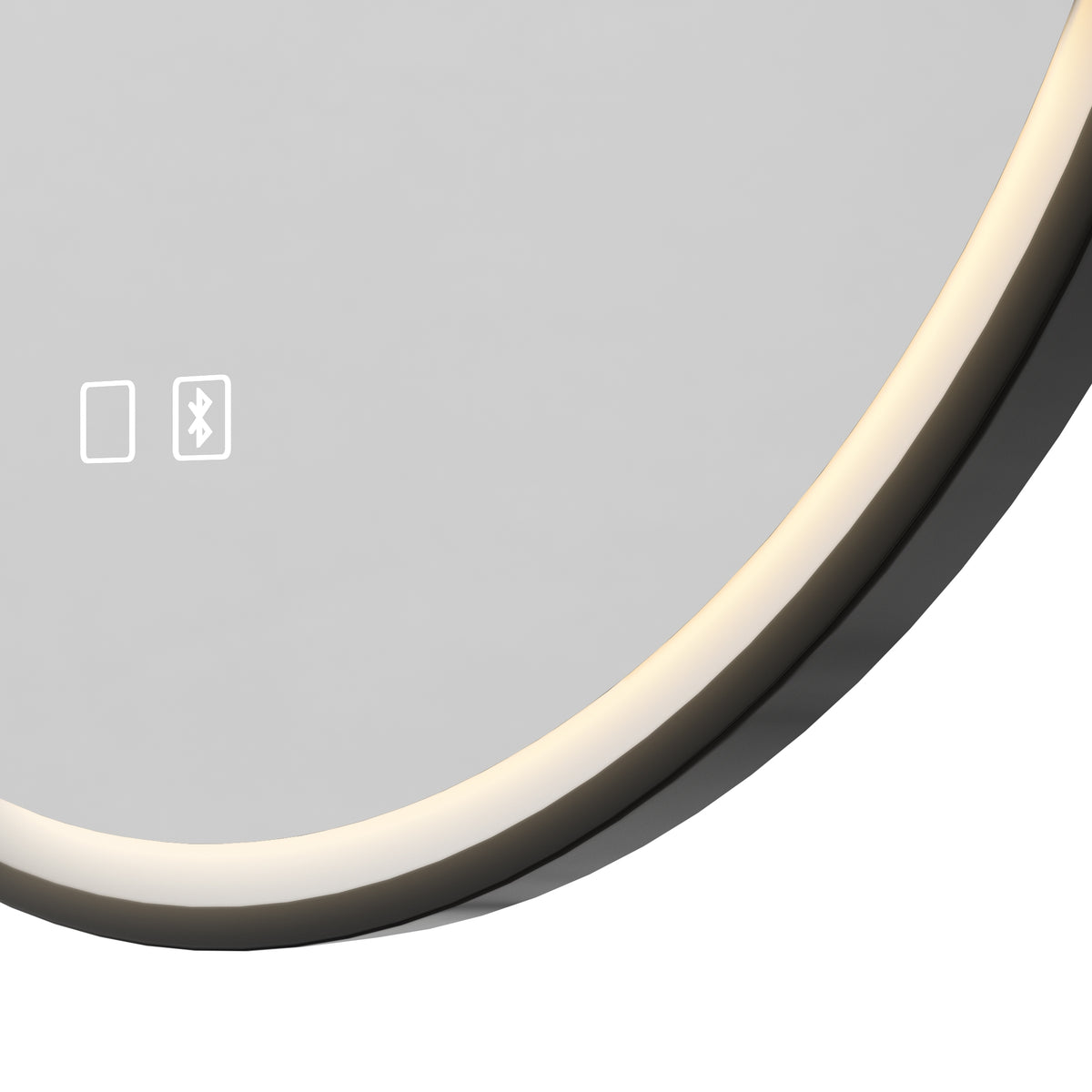 Close-up of round LED mirror edge with soft white illumination