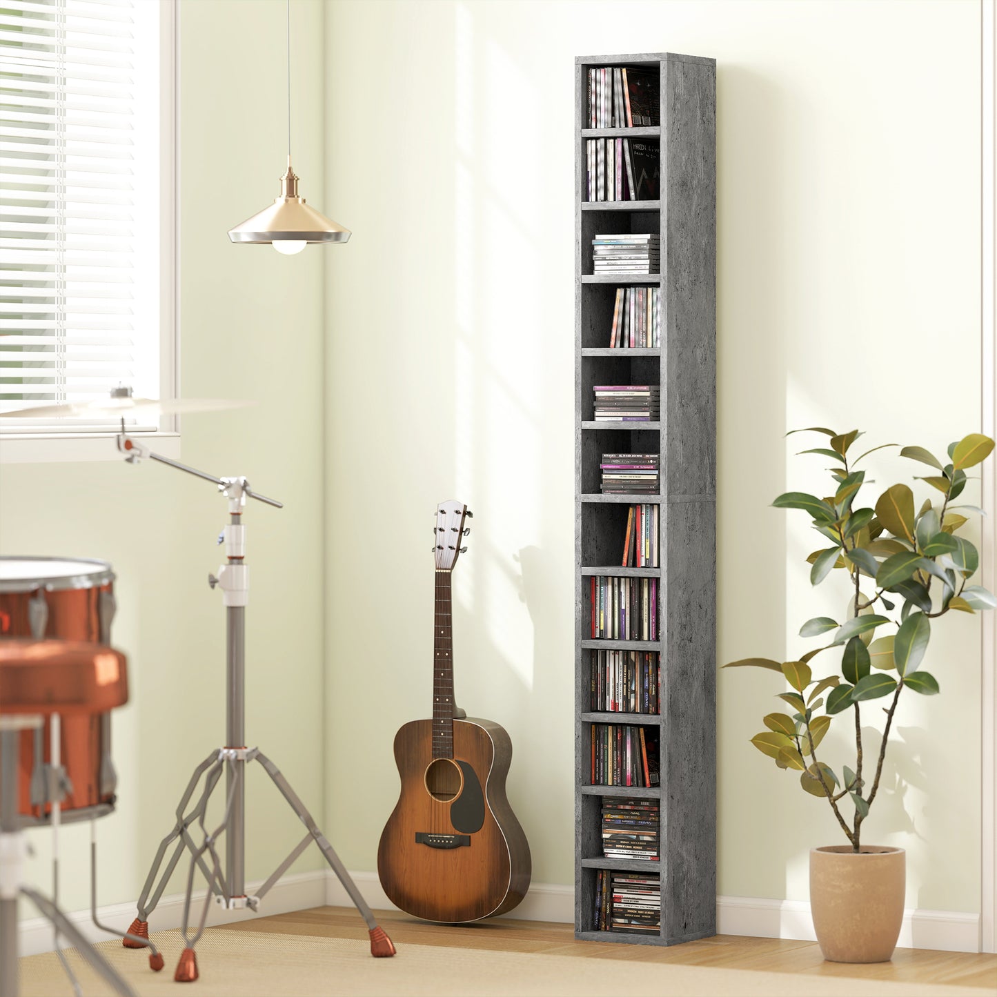 HOMCOM 204 CD Tall Narrow Media Storage Tower Cement Grey With Anti Tipping Design And Space Saving Slim Profile