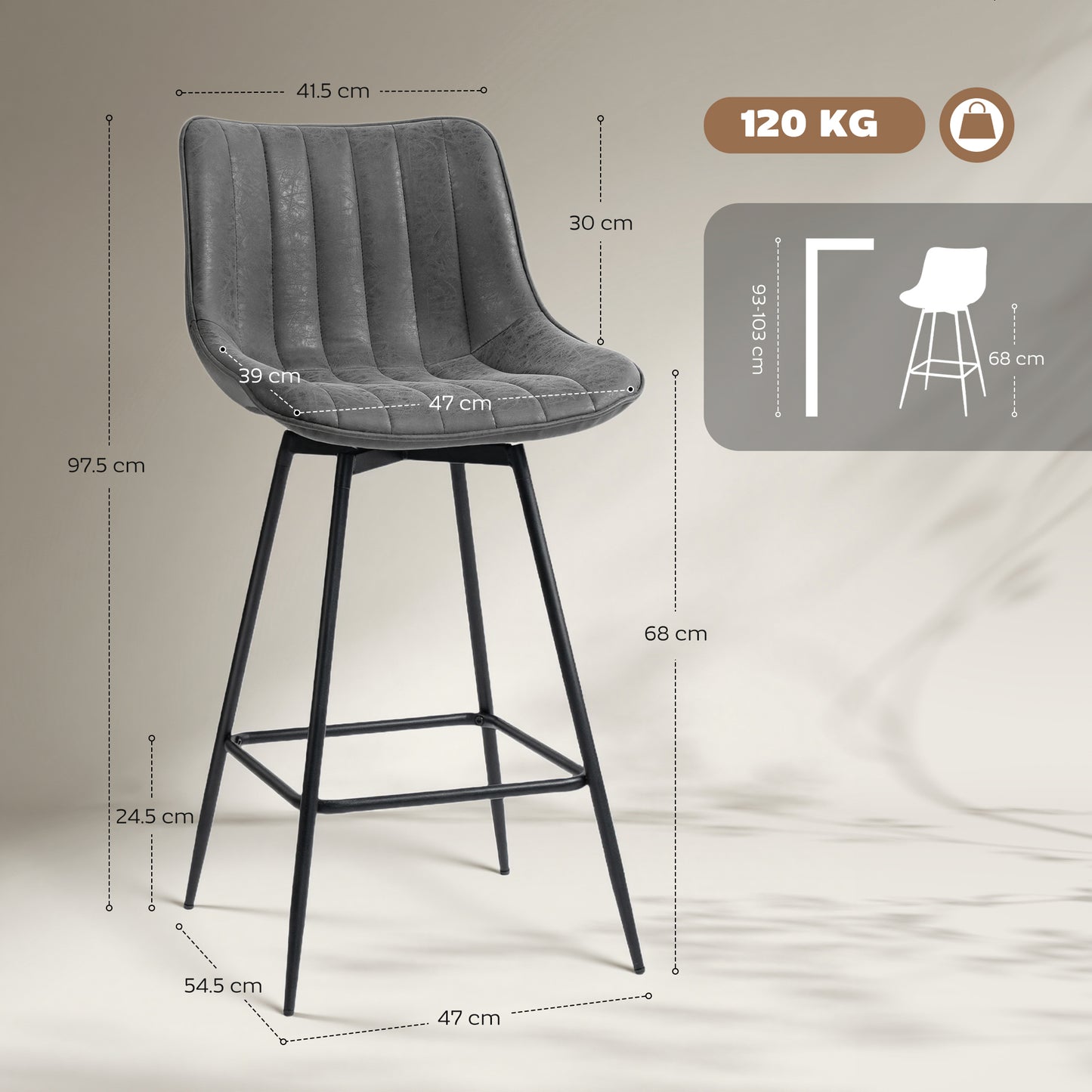 HOMCOM Set Of 2 PU Leather Swivel Bar Stools Grey For Kitchen Island And Counter Seating