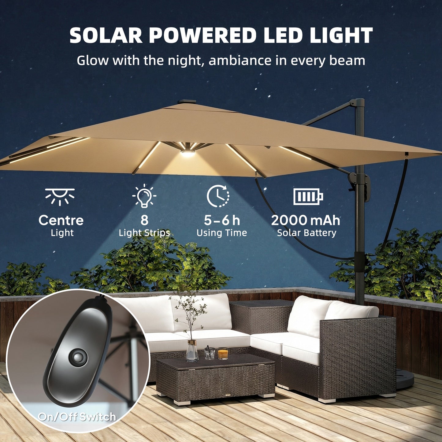 Outsunny 3 x 3 m Garden Cantilever Parasol With Light And Wind Protection 360 Degree Rotation Khaki