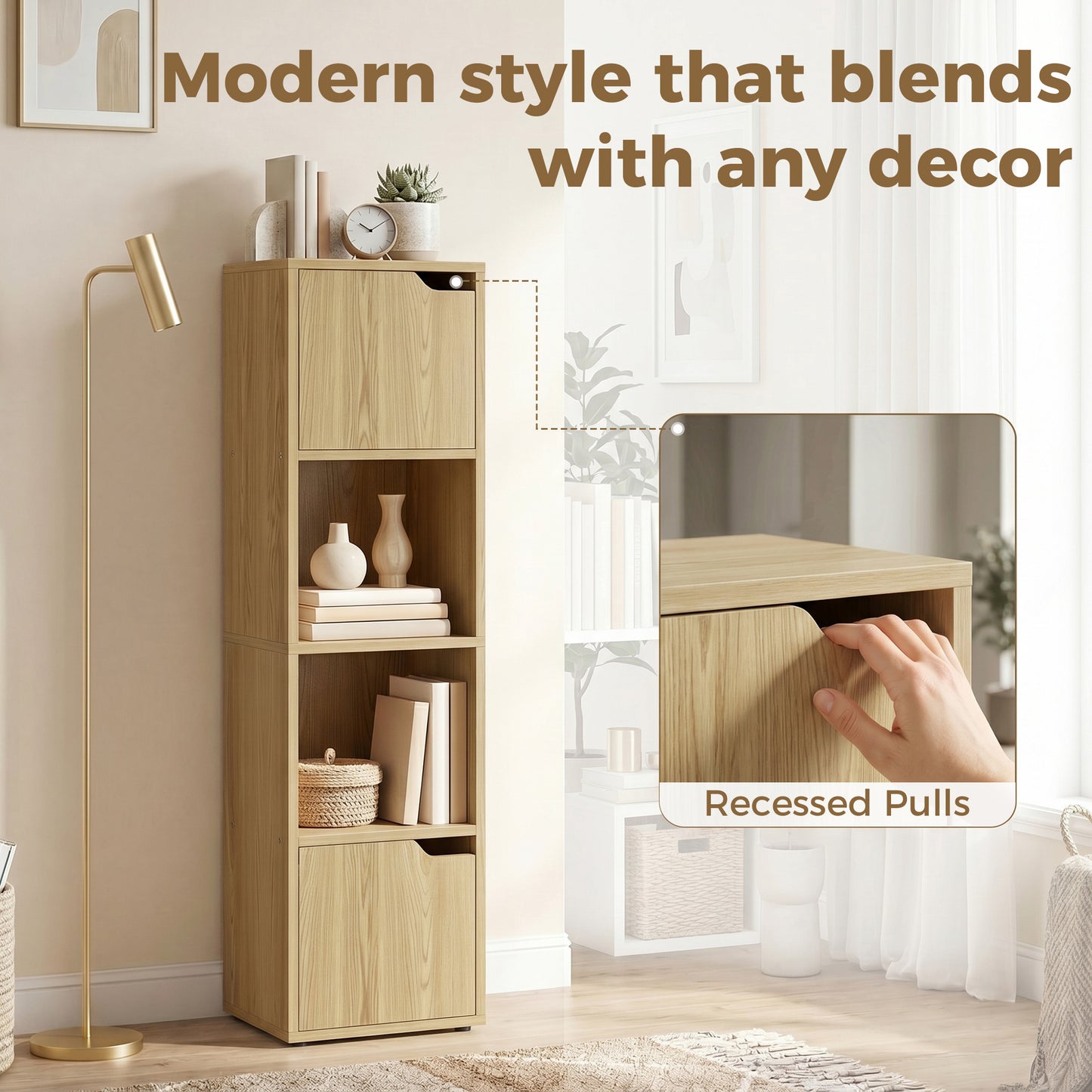 HOMCOM Narrow 4 Tier Bookcase With Doors Oak Finish For Living Room And Bedroom Storage Cabinet