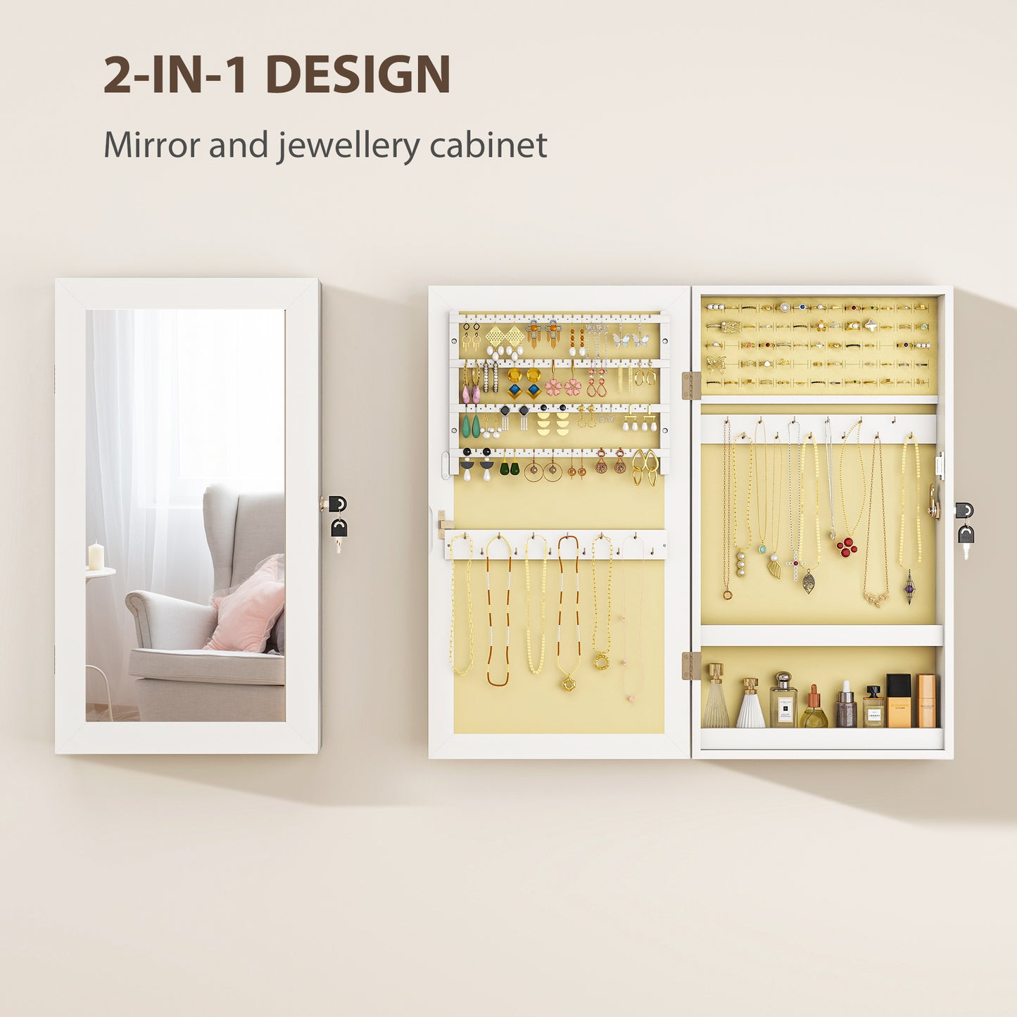 HOMCOM Jewelry Cabinet With Mirror White, Wall Mount Or Over The Door Jewelry Storage With Lock