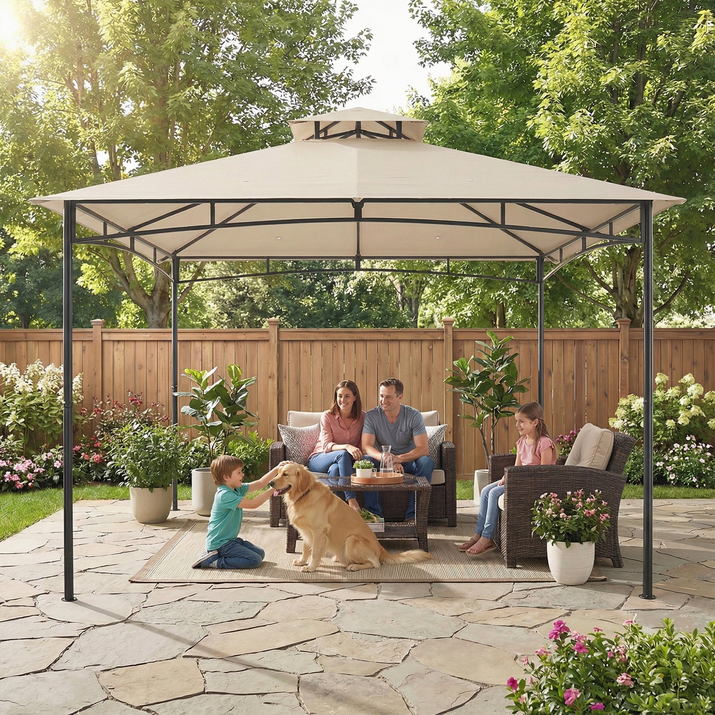 Outsunny 3 x 3 m Gazebo With 2 Tier Roof Khaki Powder Coated Metal Frame Weatherproof 180 GSM Polyester