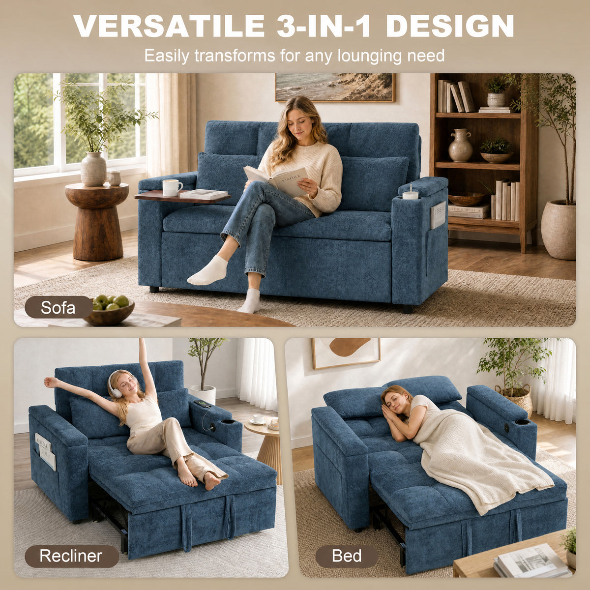 Dark blue 3-in-1 sofa bed with storage armrest and pull-out sleeper