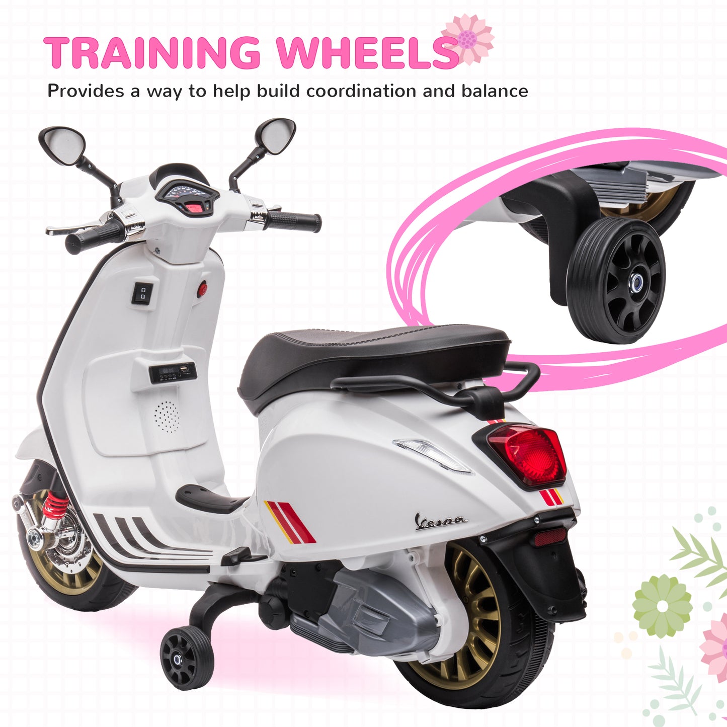 AIYAPLAY Vespa-Inspired 12V Kids Electric Motorbike with Music and Headlights - White, for Ages 3-6 - ALL4U RETAILER LTD