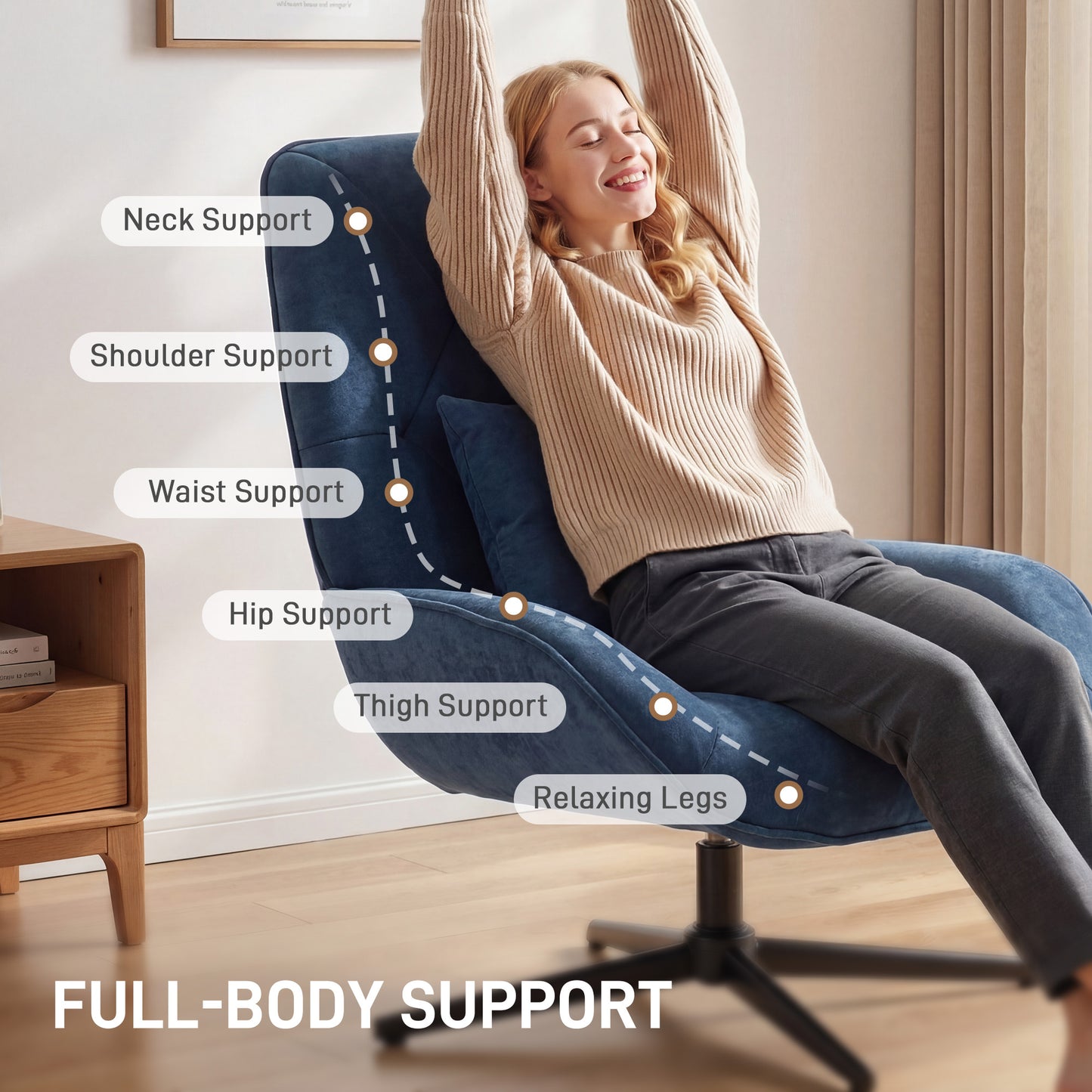 HOMCOM Accent Chair Chenille Upholstered Swivel Armchair with Lumbar Pillow High Back Deep Seat and Metal Legs Dark Blue