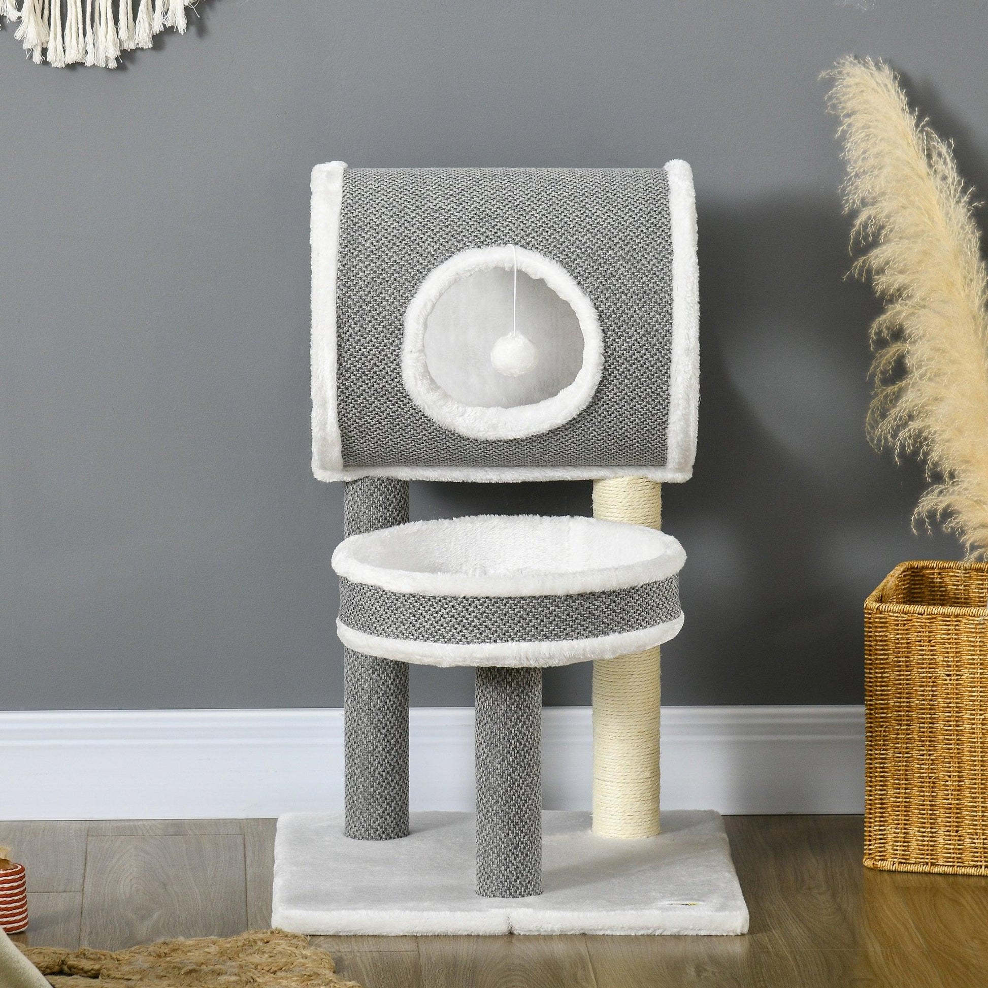 PawHut White Cat Tree with Scratching Post, Bed, Tunnel, Toy Ball - 48x48x73cm - ALL4U RETAILER LTD