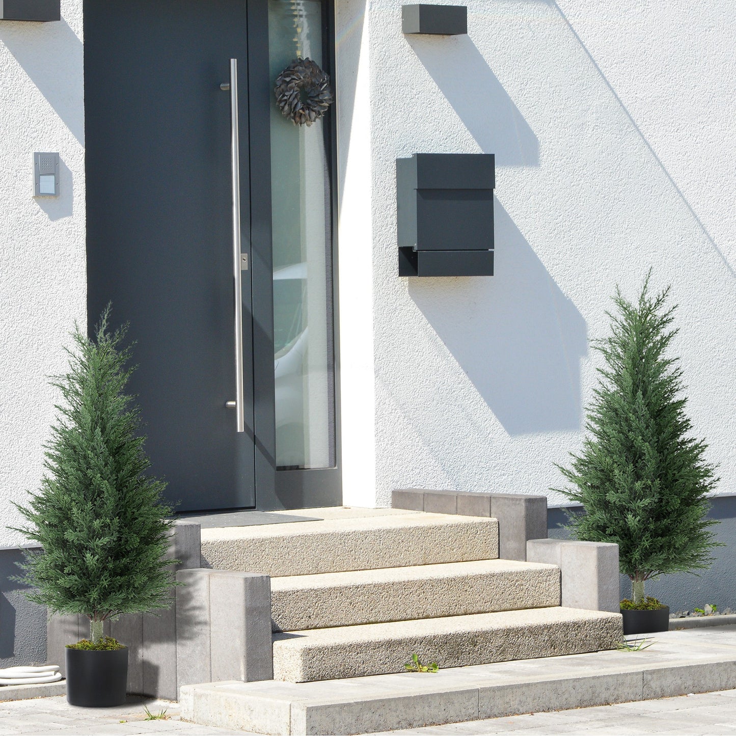 HOMCOM 90 CM Artificial Cypress Trees 2 Pack In Cement Pots UV Resistant Faux Plants For Garden Front Porch Decor