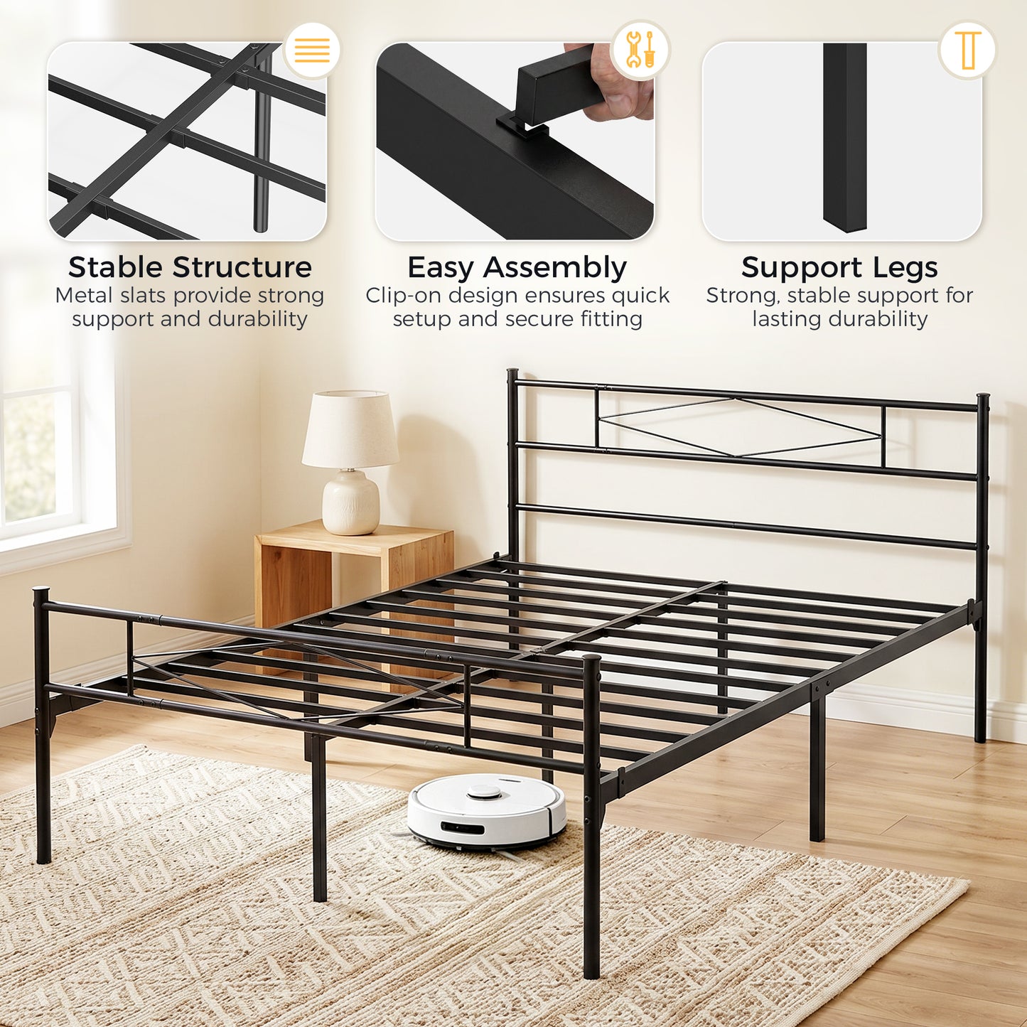 HOMCOM 5ft King Bed Frame with Headboard and Footboard, Metal Platform Bed with 32 cm Underbed Storage, Black