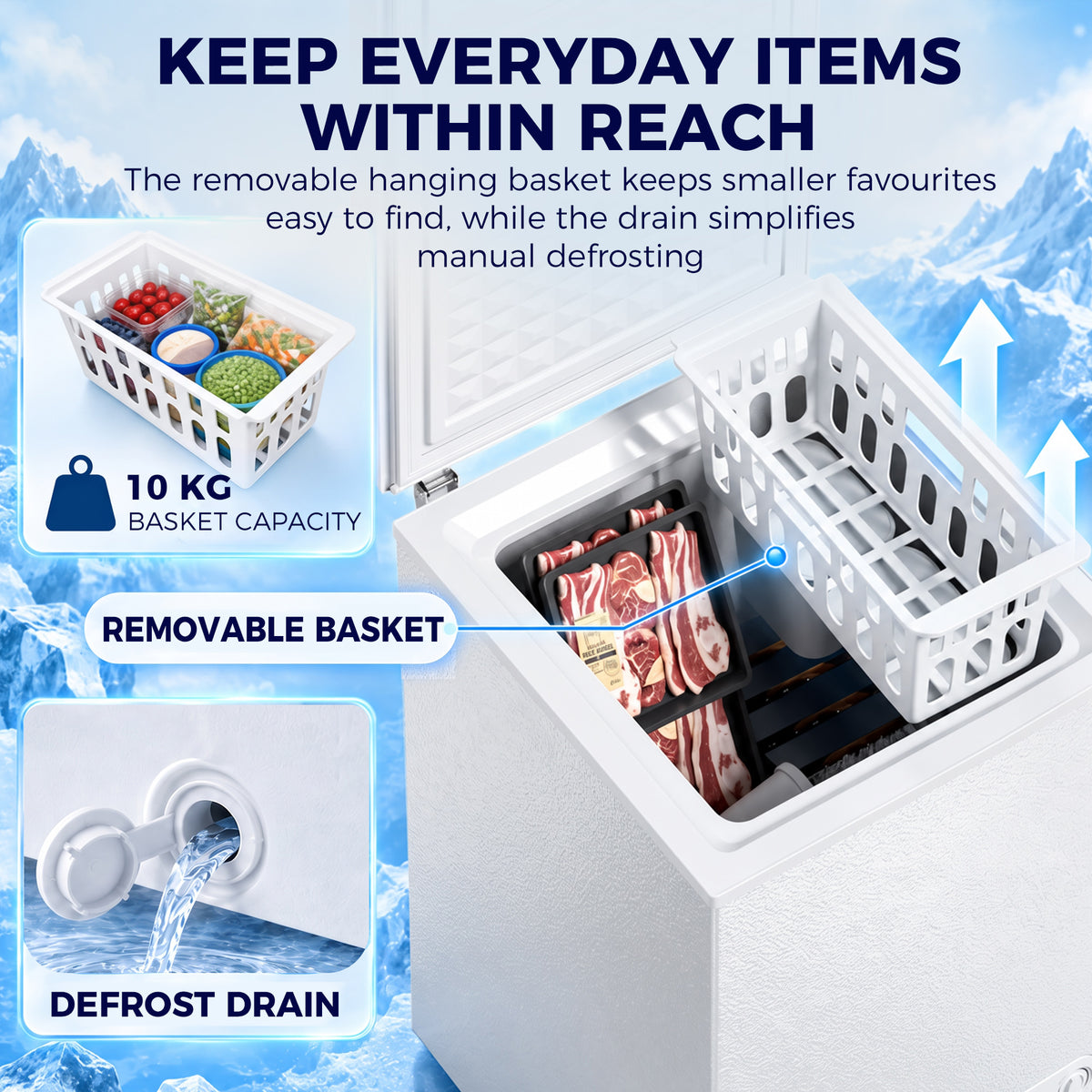 Open white chest freezer with removable hanging basket and visible defrost drain